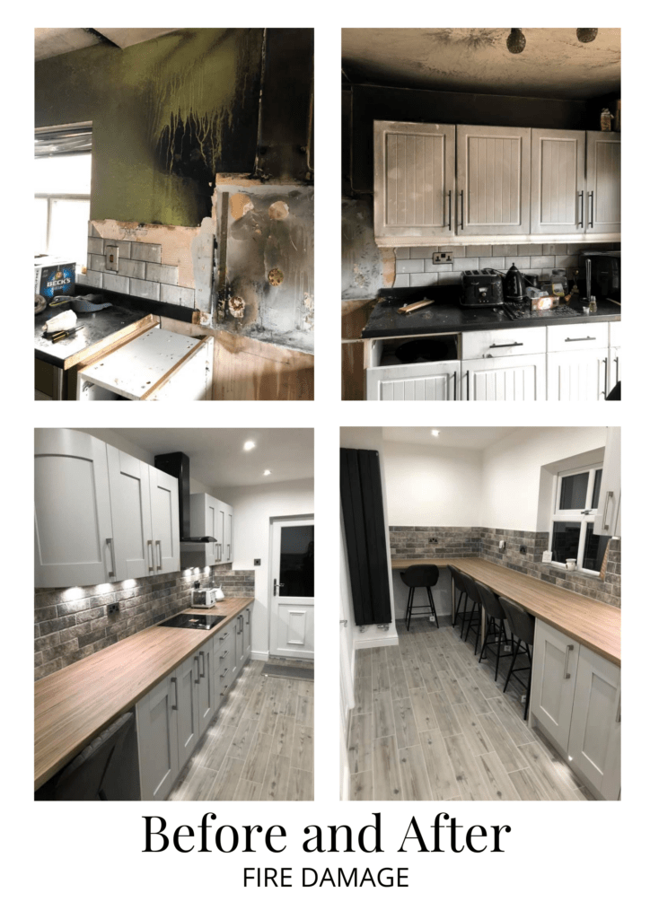 before and after a kitchen with fire damage